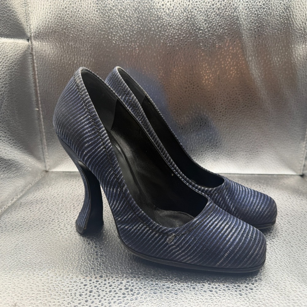 Size EU 36‎ Prada Curve Pumps Navy Blue Womens Fabric Leather Wavy Stripe Heels